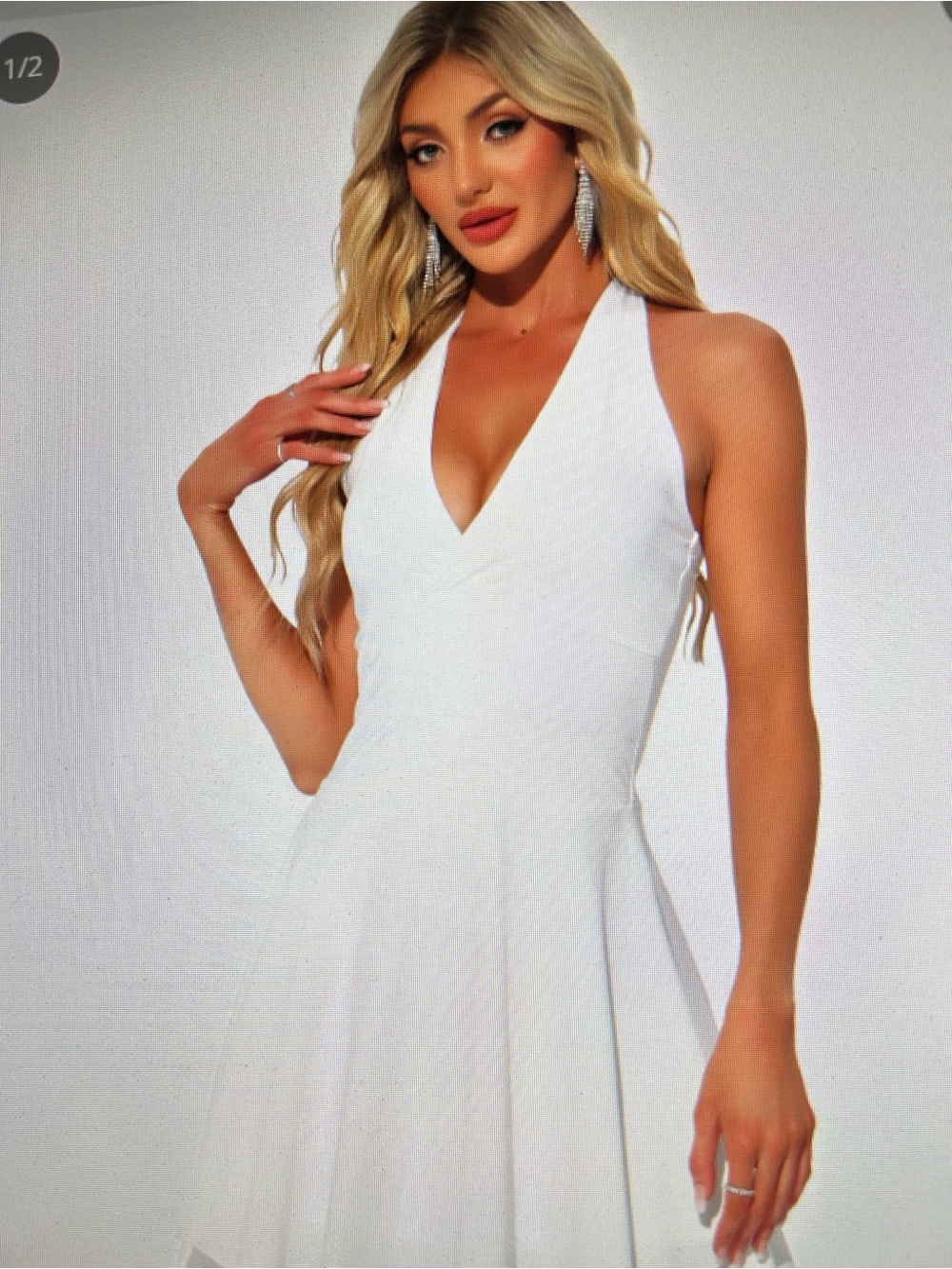 Allegra K White Halter V-Neck Backless Fit-and-Flare Dress